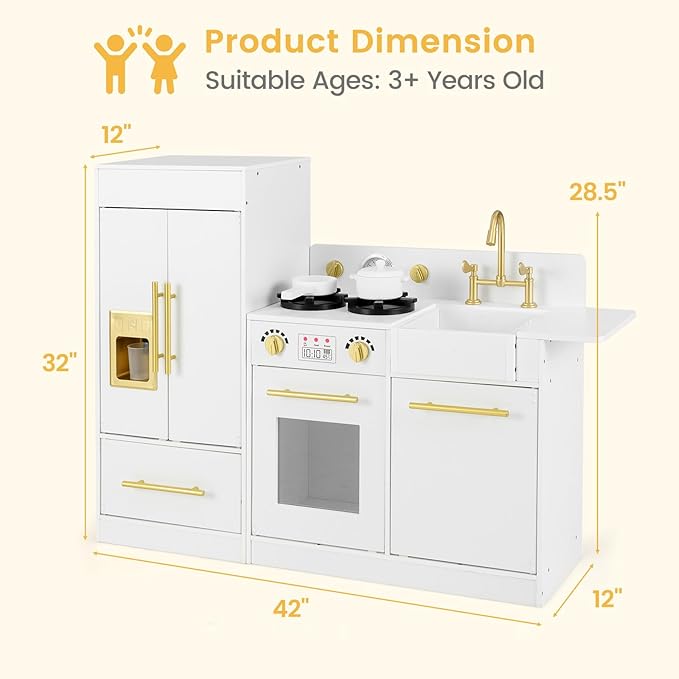 INFANS Play Kitchen Set, Kids Children Pretend Toy Kitchen 2-Piece Playset with Refrigerator, Oven, Microwave, Ice Maker, Sink with Faucet, Kitchenware Accessories for Girls Boys Ages 3+
