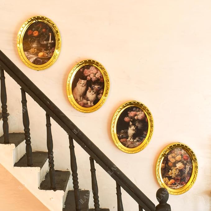 iLAND Miniature Dollhouse Accessories, 4 Dollhouse Picture Frames Set w/Printed Paintings (4 Golden Oval Frames w/ 4 Pictures)