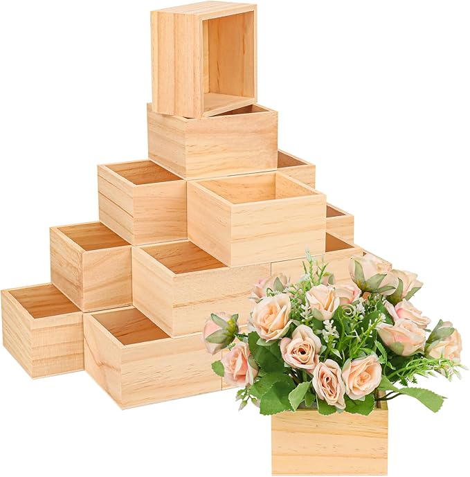 16 Pack 4 x 4 Inches Unfinished Wooden Boxes, Small Unfinished Square Wood Box Bulk, Small Wooden Box for Art Collectibles, Jewelry Storage, Home Decor, Succulent Plant Pot