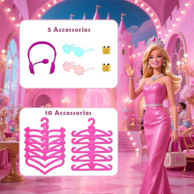 35 Pcs Doll Accessory Set for 11.5 Inch Fashion Dolls: 5 Generic Crowns, 5 Necklaces, 10 Hangers, 5 Pairs Shoes, 5 Bags, 2 Pairs Glasses, 2 Bracelets, 1 Pair Doll Earphones
