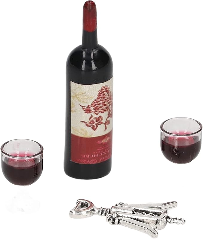 Doll House Red Wine Set 1/12 Scale Miniature Red Wine Bottles Glasses and Openers Realistic Dollhouse Accessories for Miniature Gardens and Home Decor