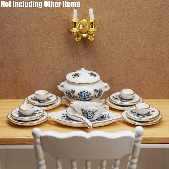 Odoria 1/12 Miniature Dish Dinnerware Set 17Pcs Dollhouse Decoration Accessories, Zamioculas Zamiifolia