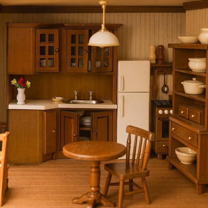 Dollhouse Kitchen Cabinets - 1/12 Scale Miniature Wooden Storage Pantry with Sink, Mini Modern for Corner Cooking Furniture Kitchen Accessories for Doll House Restaurant Decoration, Brown