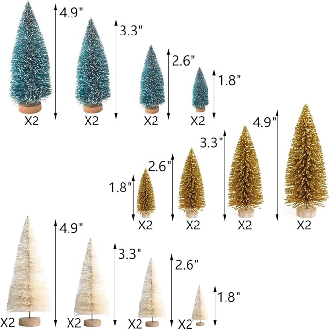 Yahpetes Christmas Tree 24 Pcs Artificial Christmas Trees Miniature Pine Trees 4 Sizes Sisal Trees with Wood Base Bottle Brush Trees for Crafting Displaying Decoration(Blue-Green,White,Gold, 24Pcs)