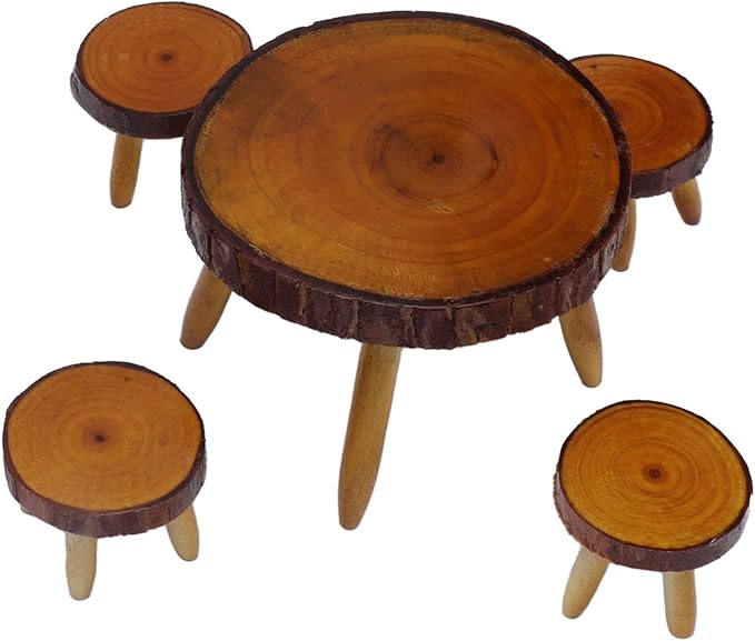 1:12 Scale Dollhouse Dining Table Set, Wooden Round Table & 4 Chairs Miniature Furniture for Dollhouse, Adult Collector Display