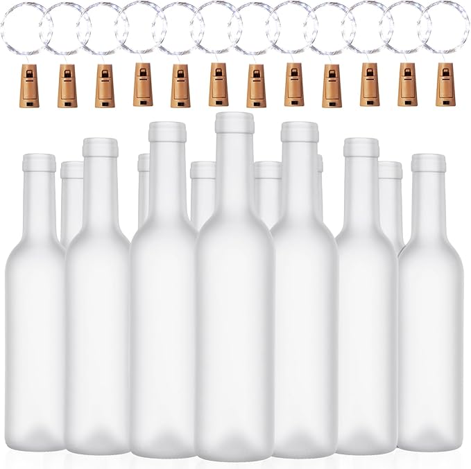 Rtteri 12 Sets Small Empty Wine Bottles with Cork Lights Centerpiece and 30 LED Battery Operated Cork Lights for Birthday Wedding Party Decoration(375 ml,Frosted Bottle)