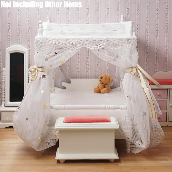 Odoria Dollhouse Princess Bed Miniature: 1/12 Scale Queen Bed White Fluffy for 6 inch Dolls Bedroom - Mini Bedding Furniture with Luxury Canopy