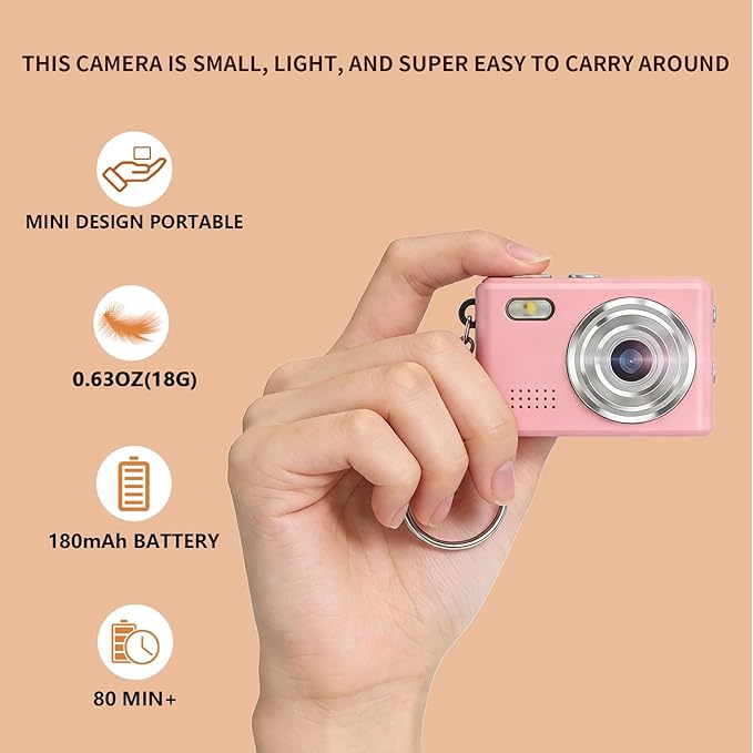 Gift for Teen Boys & Girls - Mini Keychain Camera, 1080P Portable Digital Camera with 0.96" Screen, Includes 32GB Card for 12MP Photo Video, Birthday Graduation Travel(Pink)