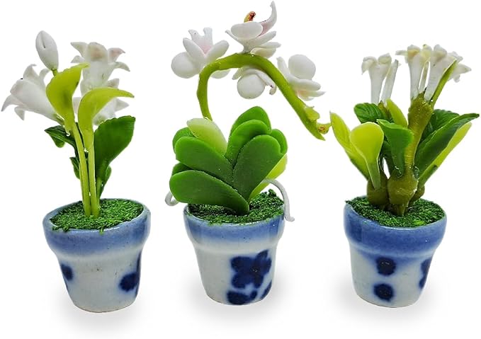WitnyStore Tiny 1½" High 3 Pieces Set Lily Orchid Plumeria Hand Made Artificial Flowers Realistic Colorful Miniature Modelling Clay Flower Pots Brilliant Variety of House Plant Species Home Decoration