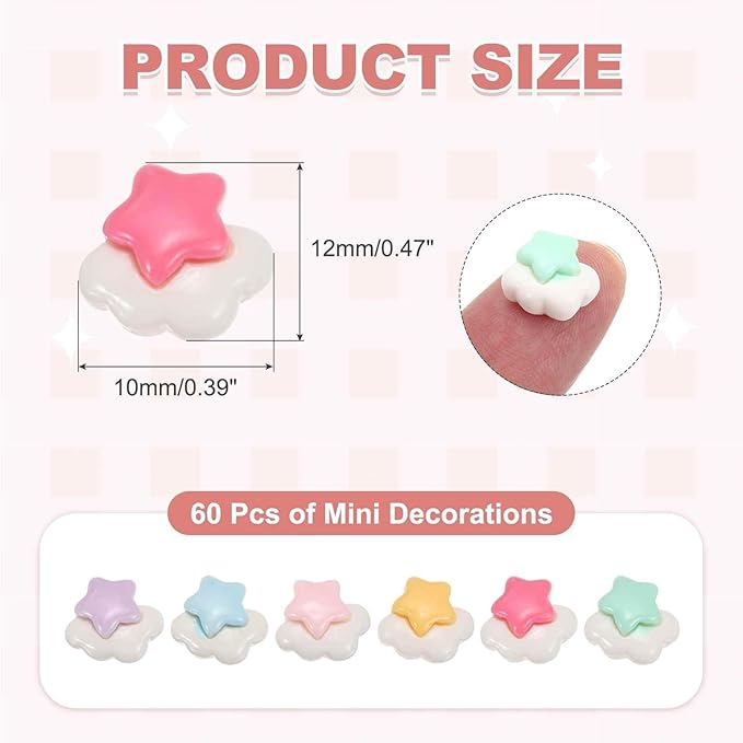 Mini Cute Cloud and Star Decor, Miniature Doll Food Crafts for Dollhouse & Landscape & Mini Kitchen & Micro Fairy Garden & DIY Craft Decorations(Light Colors, 60pcs)
