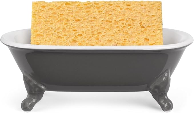 NEWHENGS 6.5" Ceramic Mini Decorative Clawfoot Bathtub Bar Soap Dish, Kitchen Sponge Holder and Shower Tray for Bathroom, 1 Pack(Stone Gray)
