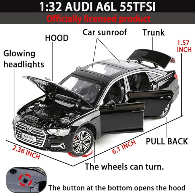 Toy Car 1/32 Audi A6L 55 TFSI Metal Model Car Pull Back Car Toys with Light and Sound Toys Car Audi Collectible Model for Boy (Black)