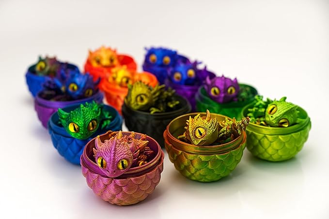 12 Pack 3D Printed Dragon Eggs & Crystal Dragons – Articulated Fidget Toy Gift Set with Display Tray, Assorted Colors for Kids, Collectors, Party Favors & Stocking Stuffers