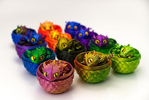 12 Pack 3D Printed Dragon Eggs & Crystal Dragons – Articulated Fidget Toy Gift Set with Display Tray, Assorted Colors for Kids, Collectors, Party Favors & Stocking Stuffers