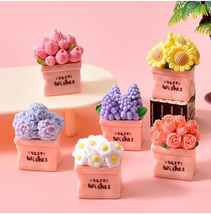 6Pcs Refreshing Pink Flowerpot Mini Resin Figurines - Lovely Rose, Tulip, Daisy, Sunflower & Hydrangea Ornaments, Cute Potted Flowers for Dollhouse,Desk, Car & Home Decorations,Healing Gifts for Girls