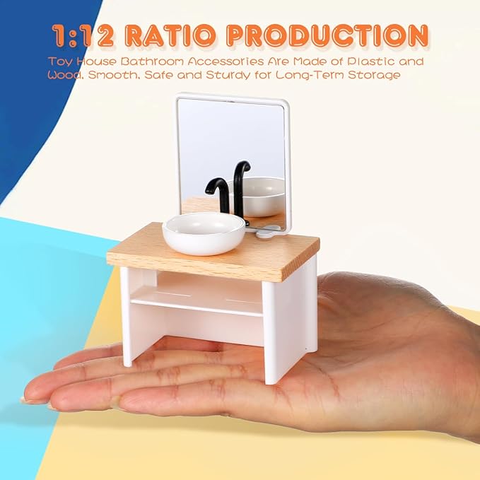 Angoily Dollhouse Bathroom Set, Doll House Bathroom Set, 8pcs Miniature Dollhouse Furniture 1 12 Scale, Furniture Accessories for Doll House Decor Mini Shower Room Prop for Realistic Play Home Display