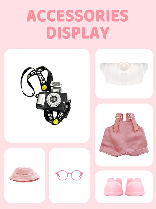 17cm Doll Clothes Set, Hat & Overalls & Shirt & Shoes & Glasses & Camera Set for 17cm Accessories Suit, Stylish Dolls Clothes Accessories, Cute Clothes for Dress up Unique Style (Light Pink)