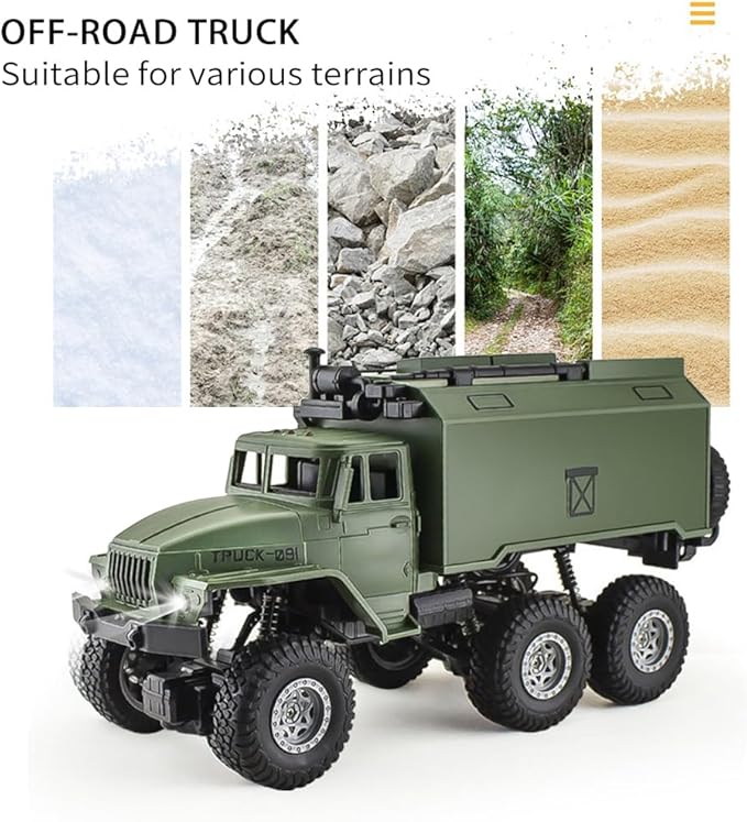 Remote Control Car, RC Military Truck 1:16 Scale Military Command Vehicle with LED Light 6WD Off-Road Crawler All Terrain Toy Car for Teen Adults