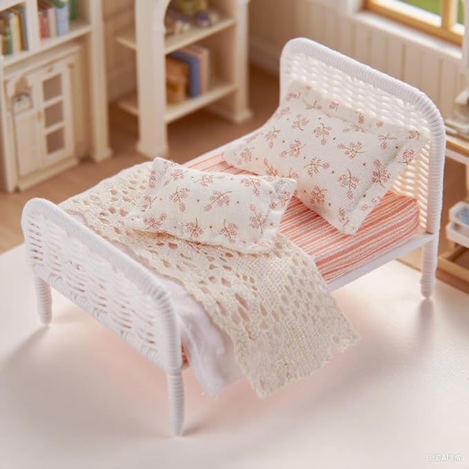 1:12 Dollhouse Furniture Bed, 1 Set Miniature Fairy Pastoral Style White Rattan Bed with Removable Lace Bedding, Modemn Bedroom Furniture Accessories Set