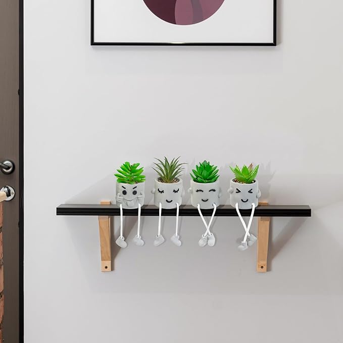 LUZOGA Set of 4 Small Faux Succulents in Cement Pots with Hanging Legs, Potted Mini Fake Plants for Desk, Office Cubicle, Kitchen, Bathroom, Wall Shelf Decor, Room & Bookshelf Ornament