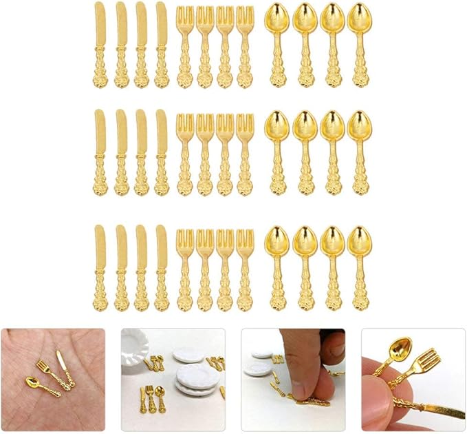 Kisangel Miniature Dollhouse Tableware Ornament 36Pcs Alloy Micro Cutlery Set Decorative Mini Dinner Accessories for Fairy House Display