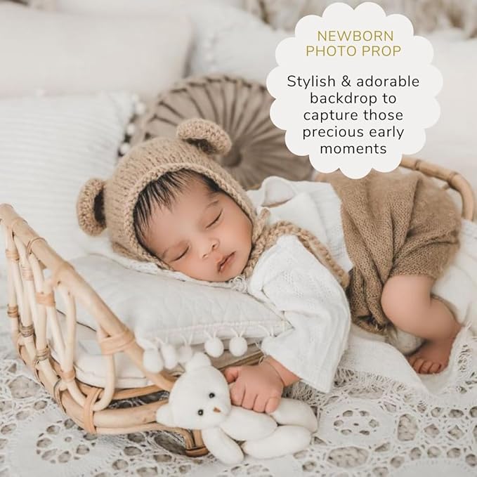 BEBE BASK Large Premium Rattan Doll Bed 20 x 12 x 10- Handcrafted & Award-Winning - Sized for 18-Inch Dolls - Fits American Girl & Our Generation - Luxe Mattress - Baby Photoshoot Props (Large)