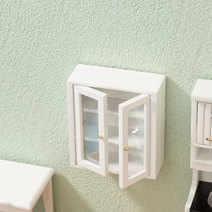 Dollhouse Wall Cabinet Wooden Miniature Cupboard 1:12 Scale Kitchen Furniture Dollhouse Hanging Cabinet Display Shelf Household Accessories Decor for Bathroom Living Room (White)