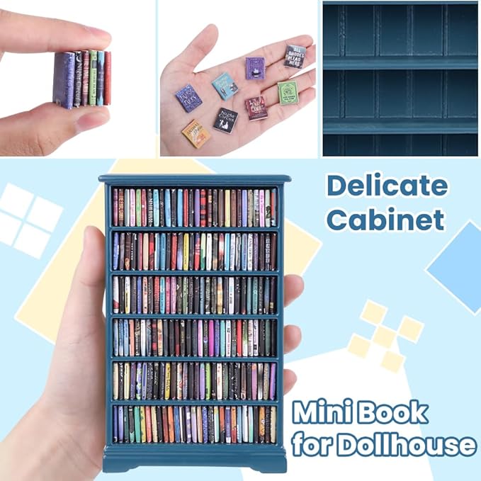 DIYDEC Mini Bookshelf with 180pcs Mini Books Miniature Blue Bookshelf Ornament Tiny Small Library Decor Shake Away Your Anxiety for Book Lovers Gift Home Room Office