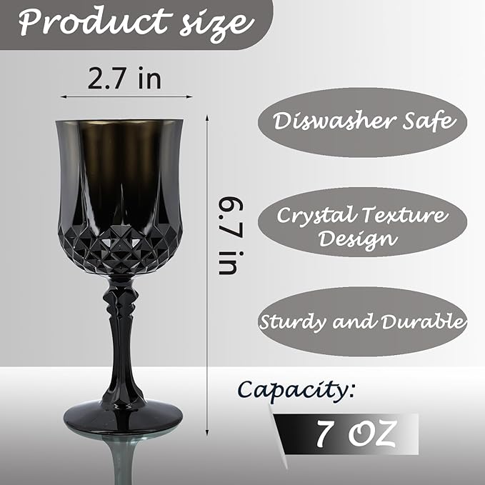 LEYIQU Plastic Wine Glasses, Plastic Goblets Vintage Style Cordial Drinking Glasses for Valentine’s Day, Wedding Reception, Grand Event Party Supplies (48, Black)