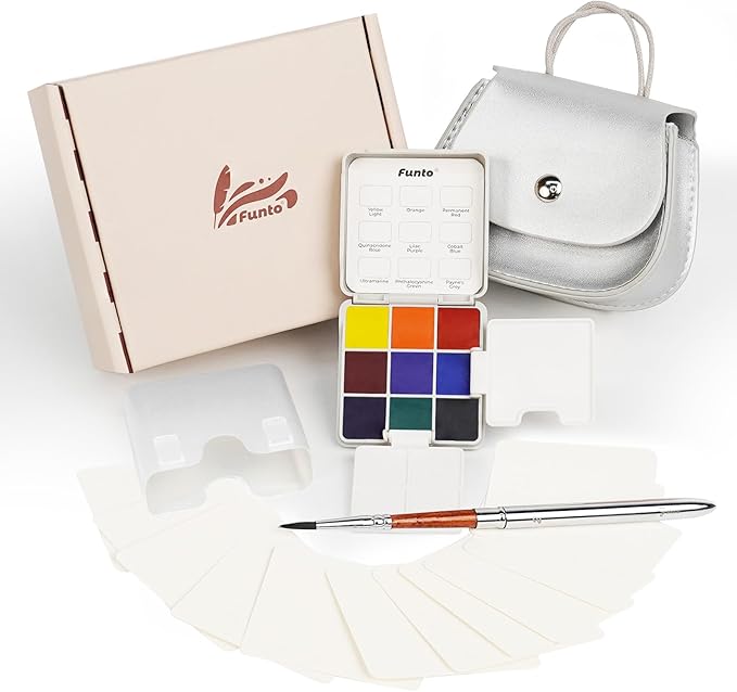 Funto Mini Watercolor Set Travel Kit with 9 Colors, Leather Bag & Watercolor Paper, Portable Drawing & Painting Supplies for Beginners, Art Gift Set