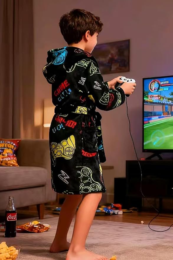 Boys Fleece Robe Hooded Toddler Soft Bathrobe Pajamas Sleepwear for Kids Girls 2-16 Years