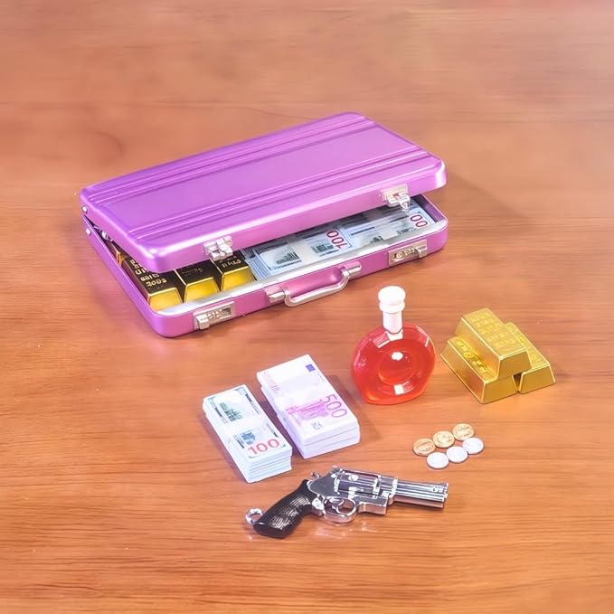 1:6 Scale Miniature Briefcase Set - Includes Fake Gold Bars, Bundles of $100 Mini Dollar Bills, Vintage Coins and Mini Weapons - Unique Adult NoveltyToy & Dollhouse Accessories (Pink)
