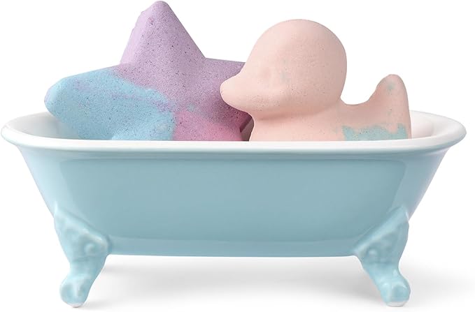 NEWHENGS 6.5" Ceramic Mini Decorative Clawfoot Bathtub Bar Soap Dish, Kitchen Sponge Holder and Shower Tray for Bathroom, 1 Pack(Baby Blue)
