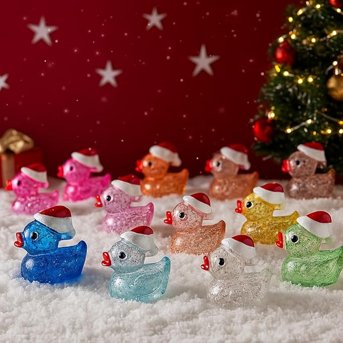 160pcs Luminous Mini Dollhouse Glitter Ducks Colorful Christmas Tiny Resin Ducks Plastic Animal Figures to Hide and Seek for Fairy Garden Landscape Aquarium Decorations Potted Plants Festive Decor