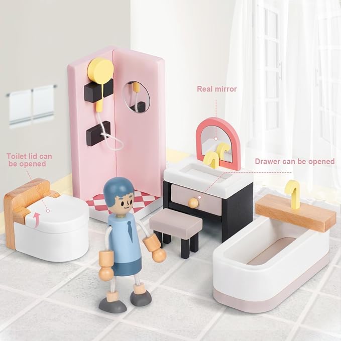 Wooden Dollhouse Furniture Set with 4 Family Dolls, 36 Pcs Sanlebi Doll House Accessories and Furniture, Miniature Furniture Including 5 Room Kits, Pretend Play Toy Gift for Boys Girls Toddler 3+