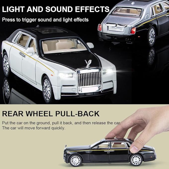 EROCK Alloy Collectible Rolls-Royce Phantom Model Toy Car, 1/32 Scale Diecast Car Model Pull Back Vehicles Phantom Toy with Sound & Light, Car Logo Can be Folded 1/32 Phantom Black-Silver