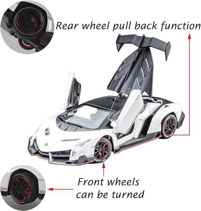 Alloy Collectible 1/24 White Lambo Veneno Toy Pull Back Vehicles Diecast Cars Model with Light & Sound