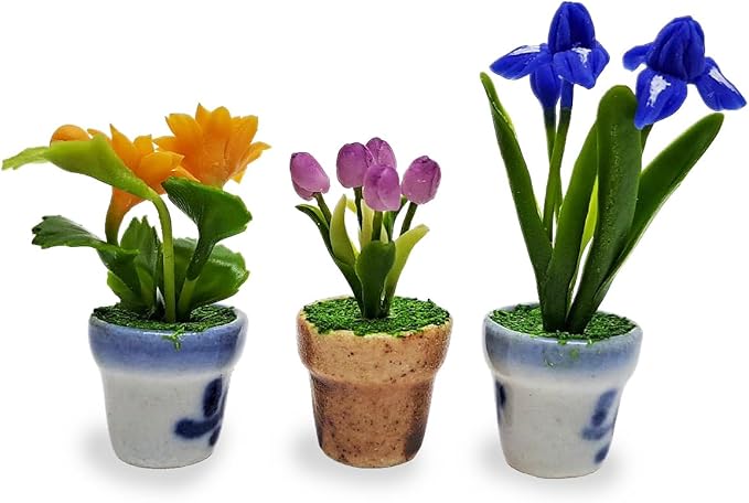 WitnyStore Tiny 1½" High 3 Pieces Set Sunflower Tulip Iris - Hand Made Artificial Flowers Colorful Miniature Realistic Modelling Clay Flower Plants in Pots Blooming House Plant Home Indoor Decoration