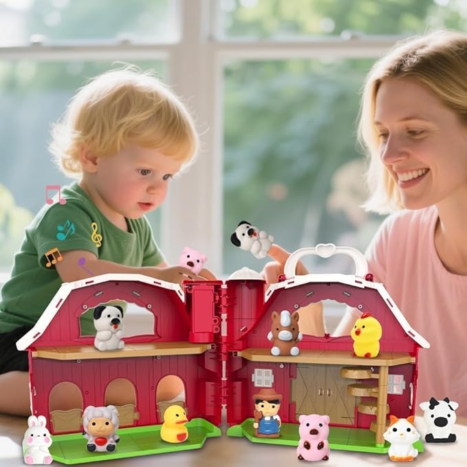 Kimicare Musical Red Barn Toy Farm Animal Finger Puppets for 3 4 5 Years Old, Animal Figures Playset with Farm Baby Book, Sensory Learning Toys Birthday Gifts Christmas Stocking Stuffers