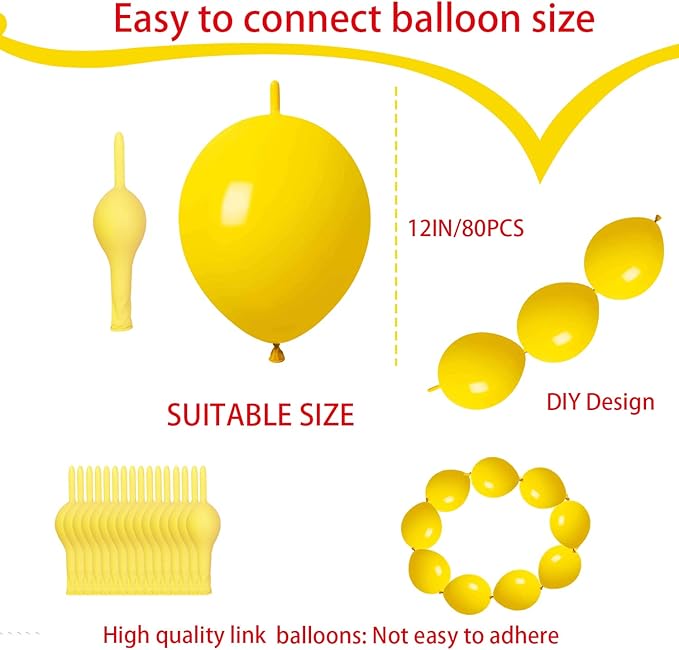ADIDO EVA Link Balloons Yellow 12 Inch Quick Latex Link Balloon 80 Pcs for Birthday, Halloween, Christmas，Party Festival Decorations