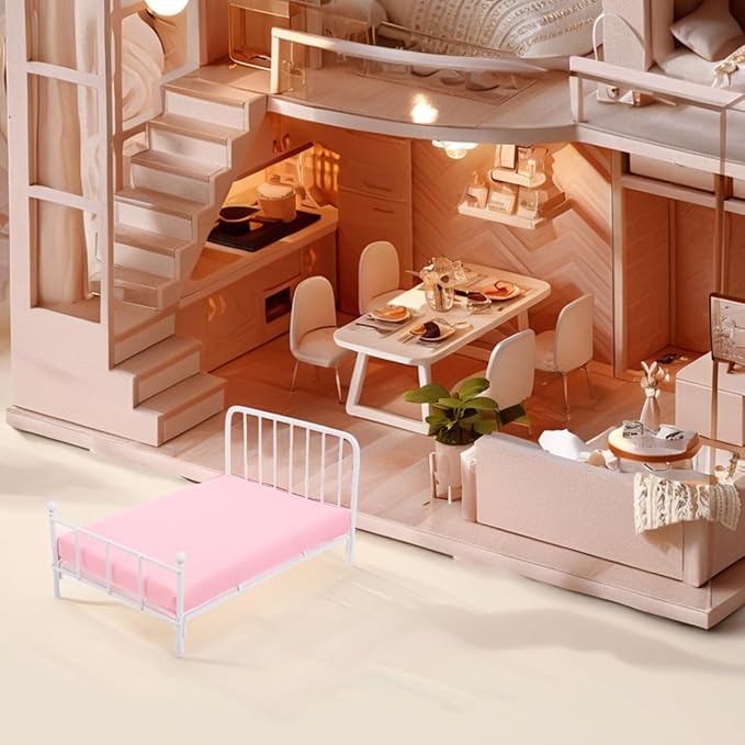 Totority Miniature Dollhouse Bed with Mattress 1/12 Scale Vintage Frame Small Doll Bed Furniture for Bedroom Decor Creative Play Accessories