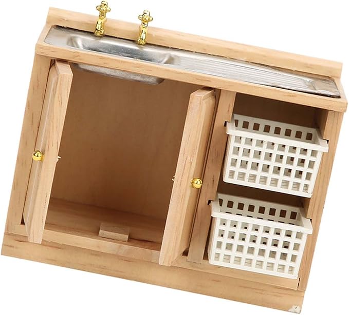 Dollhouse Miniature Furniture, 1:12 Scale Wooden Kitchen Dish Washing Table with Baskets for Doll House Accessories Decoration