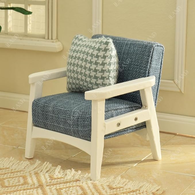 iLAND Dollhouse Couch and Miniature Sofa Set with Mini Houndstooth Cushions, Dollhouse Furniture on 1/12 Scale for Dollhouse Living Room (Sky Blue)