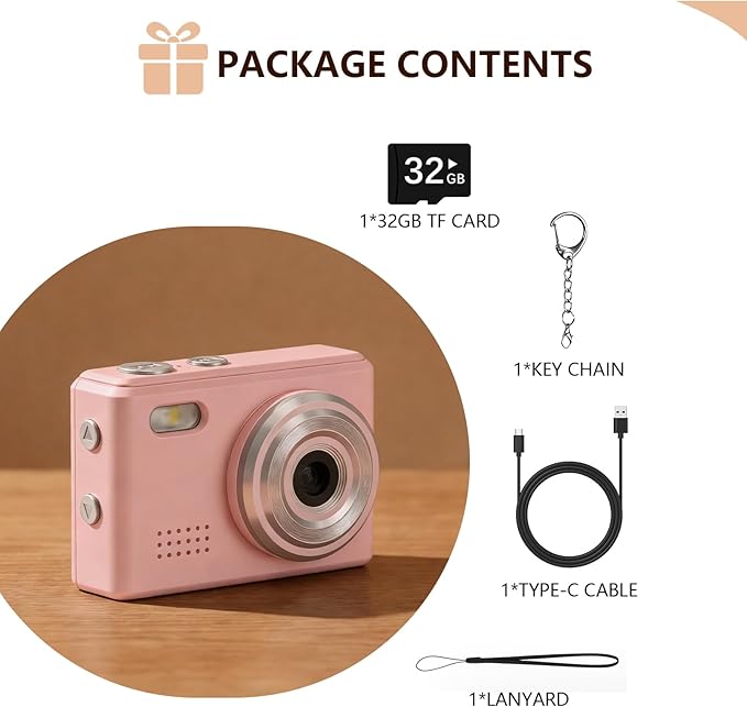 Gift for Teen Boys & Girls - Mini Keychain Camera, 1080P Portable Digital Camera with 0.96" Screen, Includes 32GB Card for 12MP Photo Video, Birthday Graduation Travel(Pink)