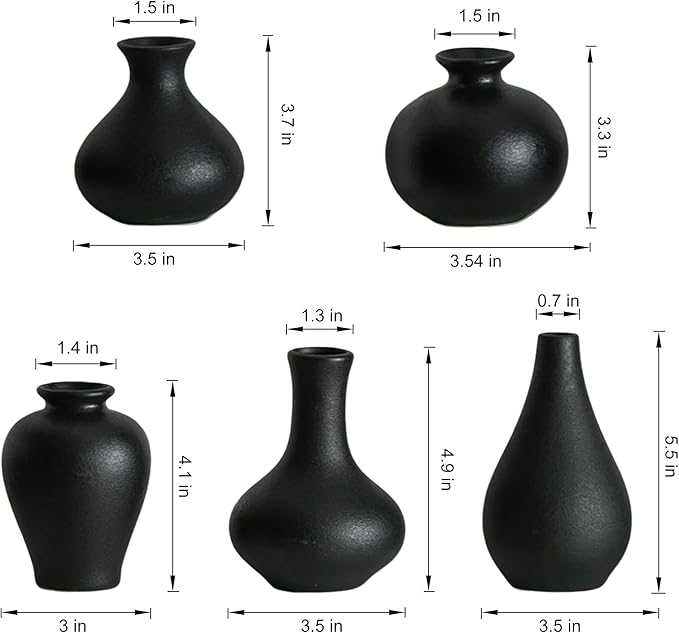 Black Ceramic Bud Vase Set of 5, Mini Vases for Flowers, Decorative Small Vases for Home Decor, Boho Wedding Centerpieces, Living Room, Dining Table & Shelf Decor