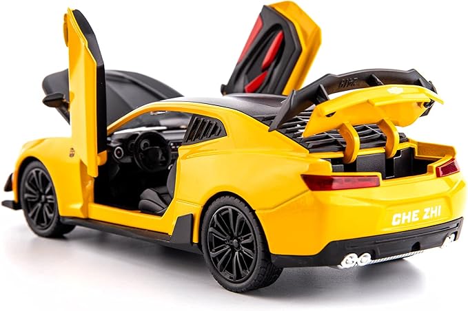 BDTCTK 1/24 Camaro Bumblebee Car Model Toy Zinc Alloy Casting Pull Back Car Sound and Light Toys for Kids Boy Girl Gift (Yellow)