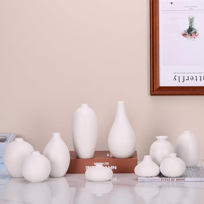 Ceramic Bud Vase Set of 10 - White mini Bud Vases in Bulk Dining Table Centerpieces, Cute Bulk Small Flower Vase for Pampas Grass&Single Flower Decor, Ideal Wedding Window Sill Aesthetic Desk Decor