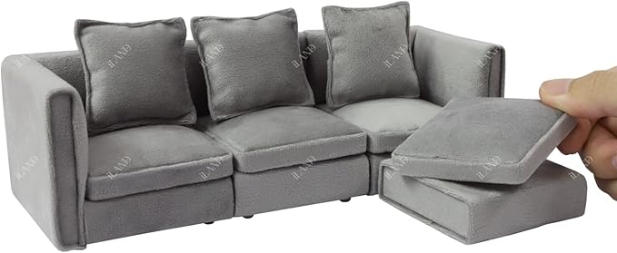iLAND Dollhouse Furniture Miniature Sectional Couch Set Fit 1/12 Scale Accessories for Doll House Décor and 3 to 6 inches Doll Figure, Modern Light Grey Velvet Sofa Elegant & Classic