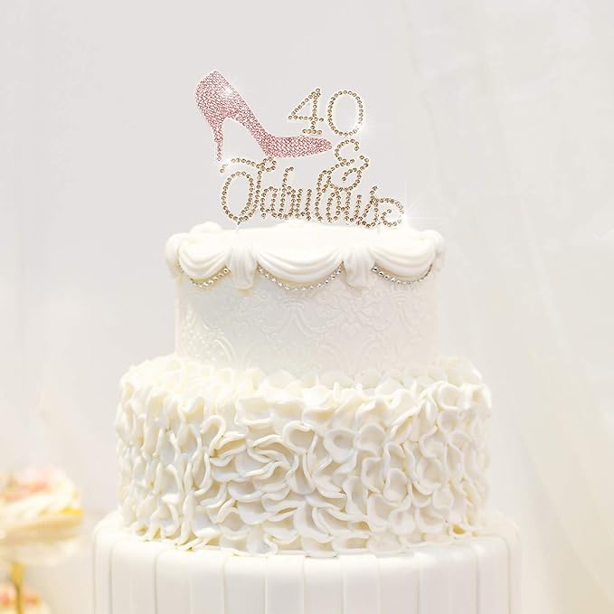 LINGTEER 40 Fabulous Pink High Heel Rhinestone Crystal Cake Topper Perfect for 40th Birthday Anniversary Party Keepsake Sparkle Decoration