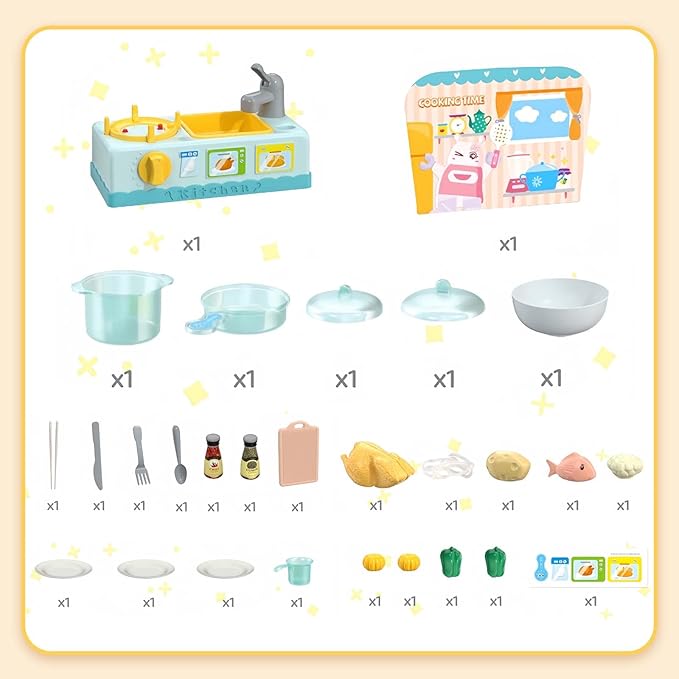 Oceenew Play Kitchen Toys, Play Cooking Stove, Play Sink Toy, Cookware Pot and Pan, Cutting Play Food Toy, Color Changing Dishes Accessories for Boys Girls